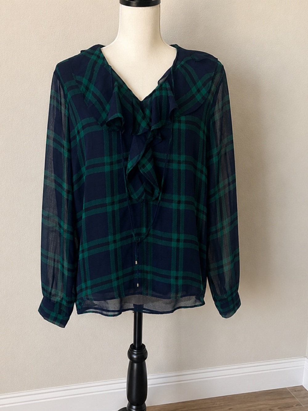 Tommy Hilfiger Navy and Green Plaid Blouse